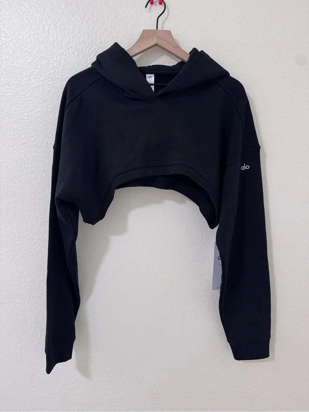 ALO Yoga Black Cropped Hoodie Top with Subtle Logo